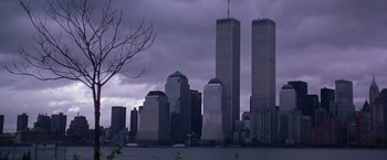 Movie still from “Rumble in the Bronx” (1995), directed by Stanley Tong – A view of the twin towers of the world trade center from across the water; Extreme Wide shot, Low angle
