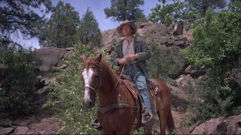 Movie still from “Run for Cover” (1955), directed by Nicholas Ray – A man riding on the back of a brown horse; Wide shot, Low angle