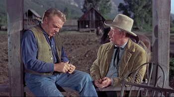 Movie still from “Run for Cover” (1955), directed by Nicholas Ray – Two men sitting next to each other on a dirt field; Medium shot, Over the shoulder angle