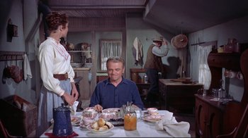 Movie still from “Run for Cover” (1955), directed by Nicholas Ray – A man sitting at a table with a plate of food in front of him; Medium shot, Low angle