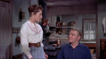 Movie still from “Run for Cover” (1955), directed by Nicholas Ray – A man and a woman standing next to each other in front of a fireplace; Medium shot, Over the shoulder angle