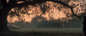 Movie still from “Runaway Jury” (2003), directed by Gary Fleder – Two people are walking in a park at sunset; Extreme Wide shot, Over the shoulder angle