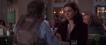 Movie still from “Runaway Jury” (2003), directed by Gary Fleder – A man and a woman sitting at a restaurant table; Medium shot, Over the shoulder angle