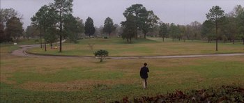 Movie still from “Rushmore” (1998), directed by Wes Anderson – A man is standing in a field looking at the trees; Extreme Wide shot, High angle