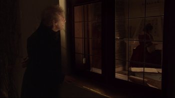 Movie still from “Russian Ark” (2002), directed by Aleksandr Sokurov – A man looking out a window at a cat; Medium shot, Over the shoulder angle