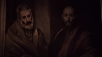 Movie still from “Russian Ark” (2002), directed by Aleksandr Sokurov – Two men are standing next to each other in a dark room; Extreme Close Up shot, High angle