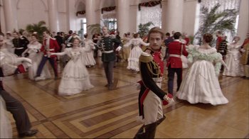Movie still from “Russian Ark” (2002), directed by Aleksandr Sokurov – A group of people dressed in military uniforms; Wide shot, Low angle