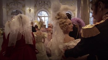 Movie still from “Russian Ark” (2002), directed by Aleksandr Sokurov – A group of people dressed up in fancy costumes; Medium shot, Over the shoulder angle