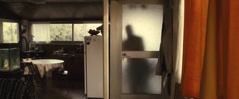 Movie still from “Rust and Bone” (2012), directed by Jacques Audiard – A person standing in front of an open glass door; Wide shot, Over the shoulder angle