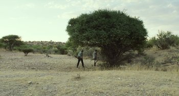 Movie still from “Safari” (2016), directed by Ulrich Seidl – Two men are standing under a tree in the desert; Extreme Wide shot, Low angle