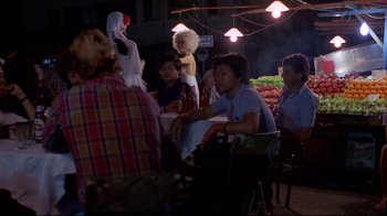 Movie still from “Saint Jack” (1979), directed by Peter Bogdanovich – A group of people sitting at tables in a restaurant; Wide shot, Over the shoulder angle