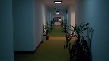 Movie still from “Saint Jack” (1979), directed by Peter Bogdanovich – A long hallway with plants in the middle of it; Extreme Wide shot, High angle