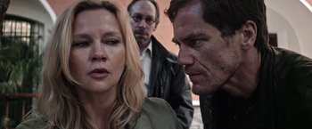 Movie still from “Salt and Fire” (2016), directed by Werner Herzog – Two men and a woman looking at each other; Close Up shot, Over the shoulder angle