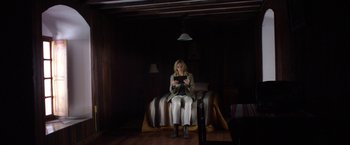 Movie still from “Salt and Fire” (2016), directed by Werner Herzog – A woman sitting on top of a bed looking at a tablet; Wide shot, Low angle