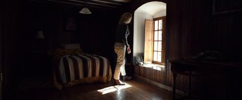 Movie still from “Salt and Fire” (2016), directed by Werner Herzog – A woman standing in front of a window in a room; Wide shot, Low angle
