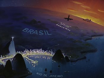 Movie still from “Saludos Amigos” (1942), directed by Jack Kinney – An image of a painting of the city of rio de janiero; Extreme Wide shot, Low angle