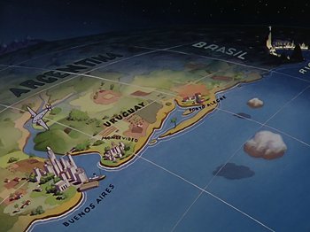 Movie still from “Saludos Amigos” (1942), directed by Jack Kinney – An image of a map of the world; Extreme Wide shot, High angle
