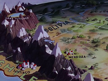 Movie still from “Saludos Amigos” (1942), directed by Jack Kinney – An illustration of a map of a mountain range; Extreme Wide shot, High angle
