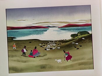 Movie still from “Saludos Amigos” (1942), directed by Jack Kinney – A painting of people and animals in a field; Extreme Wide shot, High angle