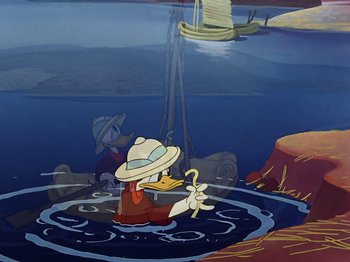 Movie still from “Saludos Amigos” (1942), directed by Jack Kinney – A painting of a person holding a tray of food; Wide shot, High angle