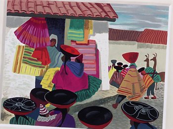 Movie still from “Saludos Amigos” (1942), directed by Jack Kinney – A group of people standing next to each other on a street; Extreme Wide shot, Low angle