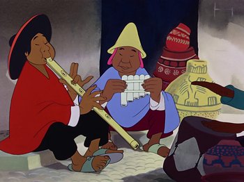 Movie still from “Saludos Amigos” (1942), directed by Jack Kinney – A group of people that are sitting down playing musical instruments; Medium shot, Low angle