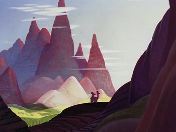 Movie still from “Saludos Amigos” (1942), directed by Jack Kinney – A painting of a mountain range with a person sitting on the ground; Extreme Wide shot, Low angle