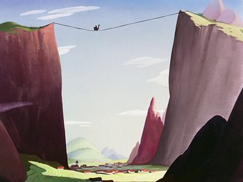 Movie still from “Saludos Amigos” (1942), directed by Jack Kinney – Two birds are sitting on a wire above a valley; Extreme Wide shot, Low angle