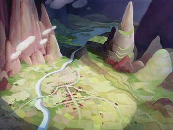 Movie still from “Saludos Amigos” (1942), directed by Jack Kinney – An aerial view of a city and mountains; Extreme Wide shot, Overhead angle