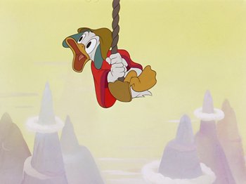Movie still from “Saludos Amigos” (1942), directed by Jack Kinney – A painting of a duck hanging from a rope; Medium shot, Low angle