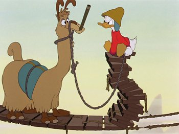Movie still from “Saludos Amigos” (1942), directed by Jack Kinney – A couple of cartoon characters on a wooden bridge; Wide shot, Low angle