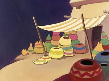 Movie still from “Saludos Amigos” (1942), directed by Jack Kinney – Many vases on the ground under a canopy; Wide shot, Low angle