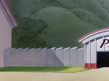 Movie still from “Saludos Amigos” (1942), directed by Jack Kinney – An oil painting of a white picket fence with a red and white building in the background; Extreme Wide shot, Low angle