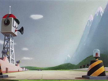 Movie still from “Saludos Amigos” (1942), directed by Jack Kinney – An image of an animated scene of a road; Extreme Wide shot, Low angle