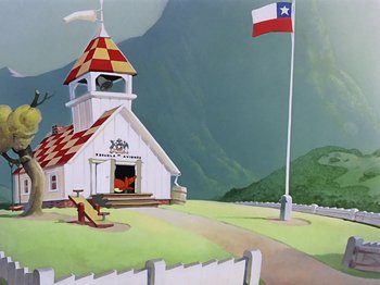 Movie still from “Saludos Amigos” (1942), directed by Jack Kinney – A painting of a church with a fire pit in front of it; Extreme Wide shot, Low angle