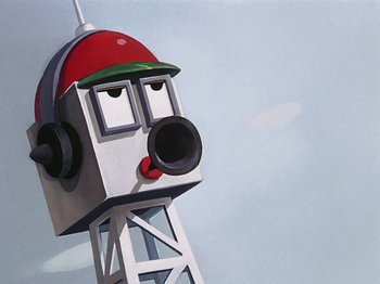 Movie still from “Saludos Amigos” (1942), directed by Jack Kinney – A painting of a head with headphones on a water tower; Extreme Close Up shot, Low angle