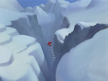 Movie still from “Saludos Amigos” (1942), directed by Jack Kinney – An airplane is flying over a snowy mountain; Extreme Wide shot, Overhead angle