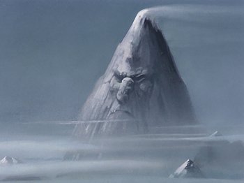 Movie still from “Saludos Amigos” (1942), directed by Jack Kinney – An image of a mountain in the middle of the ocean; Extreme Wide shot, Low angle