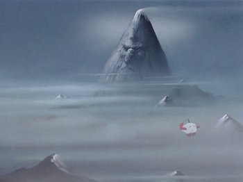 Movie still from “Saludos Amigos” (1942), directed by Jack Kinney – A painting of a mountain in the middle of the ocean; Extreme Wide shot, Low angle