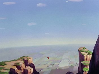 Movie still from “Saludos Amigos” (1942), directed by Jack Kinney – A painting of an airplane flying over a cliff; Extreme Wide shot, Low angle