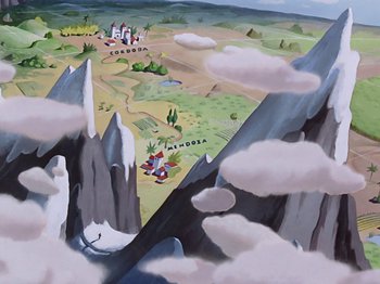 Movie still from “Saludos Amigos” (1942), directed by Jack Kinney – A cartoon map of a mountain range with clouds above it; Extreme Wide shot, High angle