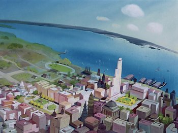 Movie still from “Saludos Amigos” (1942), directed by Jack Kinney – An aerial view of a city with a large body of water in the background; Extreme Wide shot, High angle