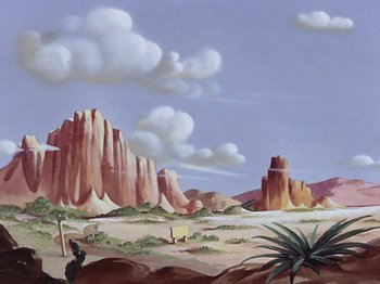 Movie still from “Saludos Amigos” (1942), directed by Jack Kinney – An oil painting of a desert scene with a cactus; Extreme Wide shot, Low angle