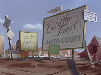Movie still from “Saludos Amigos” (1942), directed by Jack Kinney – An animated picture of an auto court sign; Extreme Wide shot, Low angle