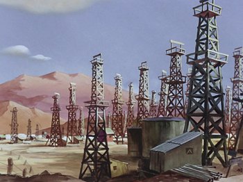 Movie still from “Saludos Amigos” (1942), directed by Jack Kinney – A painting of oil rigs in the middle of the desert; Extreme Wide shot, Low angle