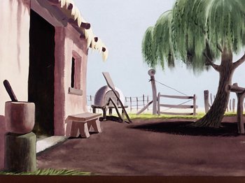 Movie still from “Saludos Amigos” (1942), directed by Jack Kinney – A painting of an outdoor scene with a bench and a tree; Extreme Wide shot, Low angle