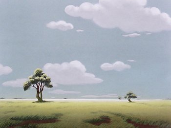 Movie still from “Saludos Amigos” (1942), directed by Jack Kinney – A painting of two trees in the middle of a grassy field; Extreme Wide shot, Low angle