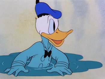 Movie still from “Saludos Amigos” (1942), directed by Jack Kinney – A painting of donald duck with a blue hat; Medium shot, Low angle