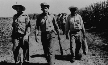 Movie still from “Salut les Cubains” (1963), directed by Agnès Varda – A black and white photo of a group of men walking across a dirt field; Medium shot, Low angle