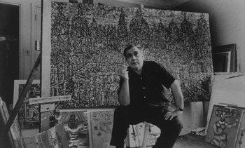 Movie still from “Salut les Cubains” (1963), directed by Agnès Varda – Black and white photograph of a man in front of a painting; Medium shot, Low angle
